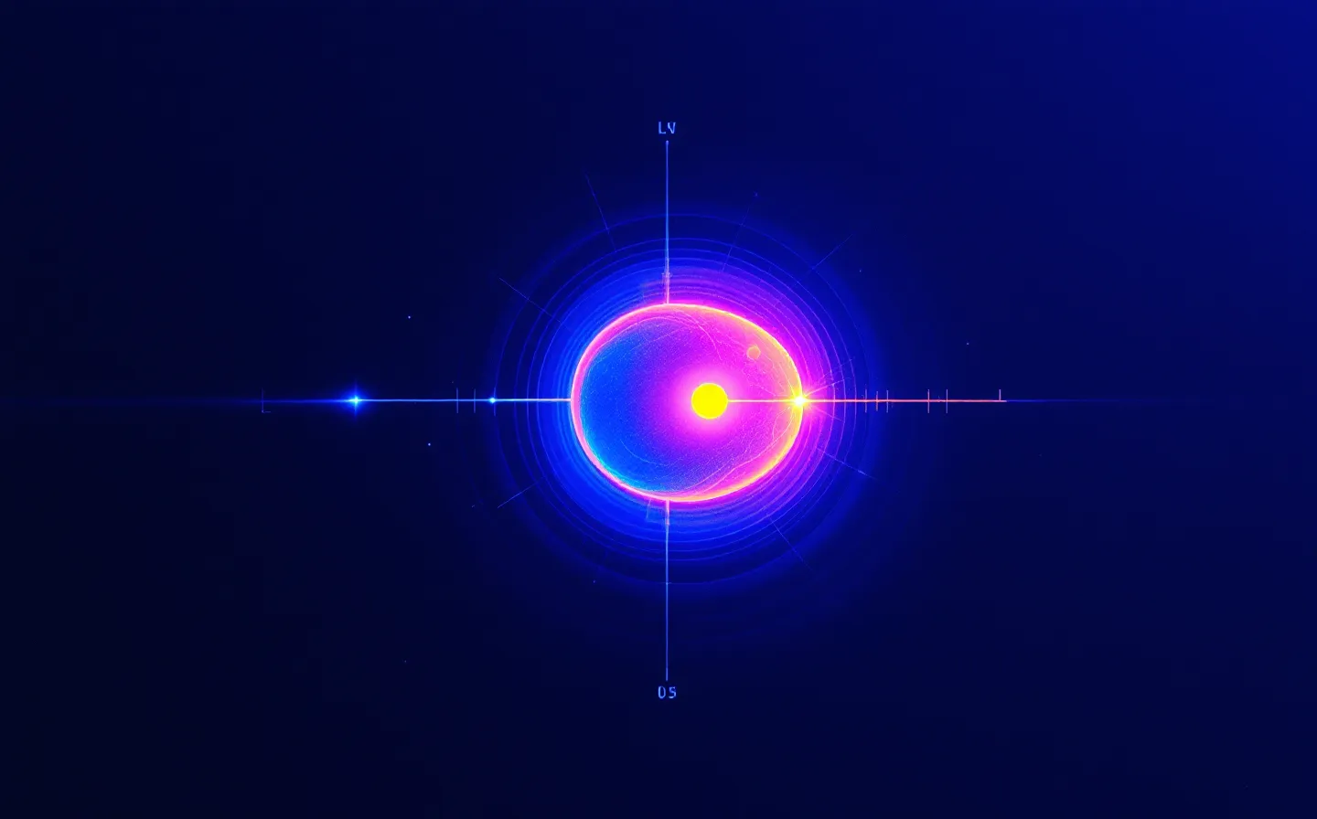 Thermographic heat-map schematic of a cold-blue mitochondrion glowing warm at its core, a hot-magenta signal line tracing to a cold nucleus node, on a deep thermal-blue ground