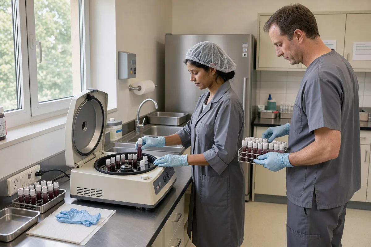 Two laboratory technicians process capped blood-sample tubes beside a centrifuge